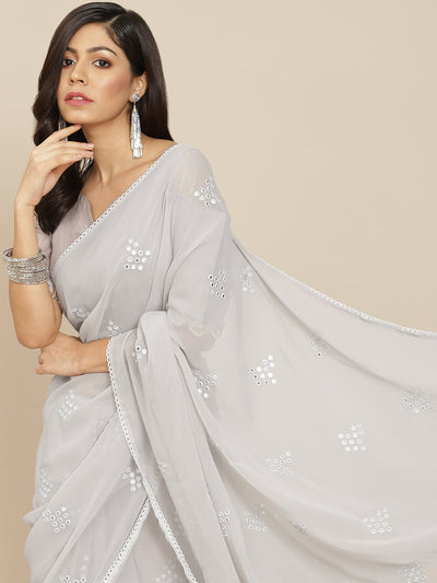 Indyancart TI Women's Silver Georgette Embroidered Mirror-Work Saree with Unstitched Blouse