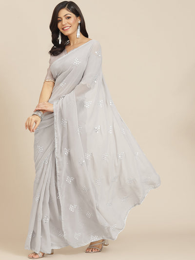 Indyancart TI Women's Silver Georgette Embroidered Mirror-Work Saree with Unstitched Blouse