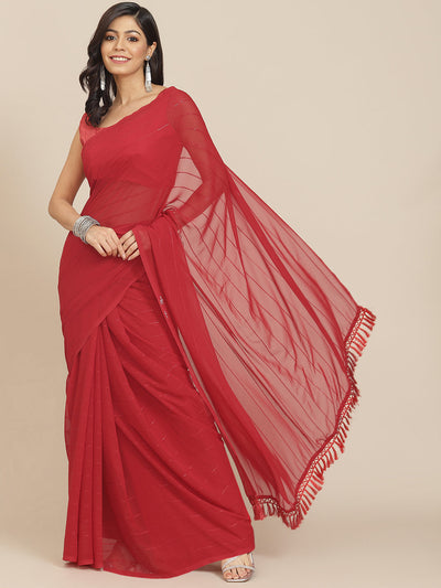 Indyancart TI Women's Red Striped Polyester Saree with Tassels with Unstitched Blouse