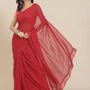 Dhiyona TI Women's Red Striped Polyester Saree with Tassels with Unstitched Blouse