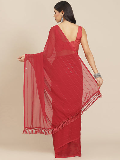 Indyancart TI Women's Red Striped Polyester Saree with Tassels with Unstitched Blouse