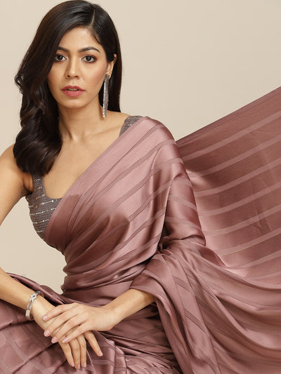 Indyancart TI Women's Mauve Striped Polyester Saree with Tassels with Unstitched Blouse