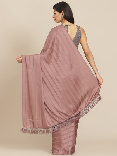 Indyancart TI Women's Mauve Striped Polyester Saree with Tassels with Unstitched Blouse