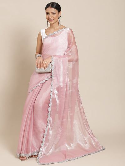 Indyancart TI Women's Pink Solid Embellished Border Chiffon Saree with Unstitched Blouse