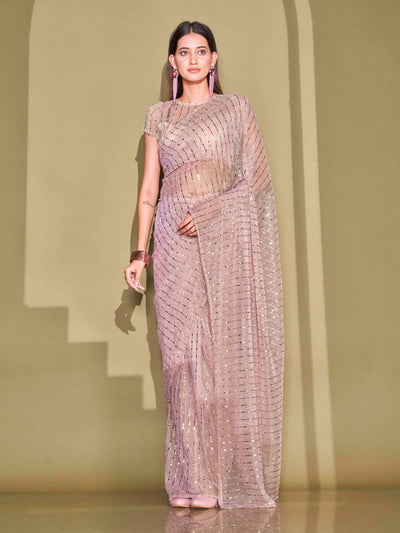 Indyancart TI Women's Ready To Wear Pink Foil Embellished Saree with Unstitched Blouse