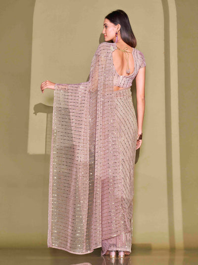 Indyancart TI Women's Ready To Wear Pink Foil Embellished Saree with Unstitched Blouse