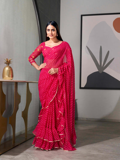 Indyancart TI Women's Pink Colored Leheriya Saree with Frill with Unstitched Blouse
