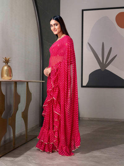 Indyancart TI Women's Pink Colored Leheriya Saree with Frill with Unstitched Blouse