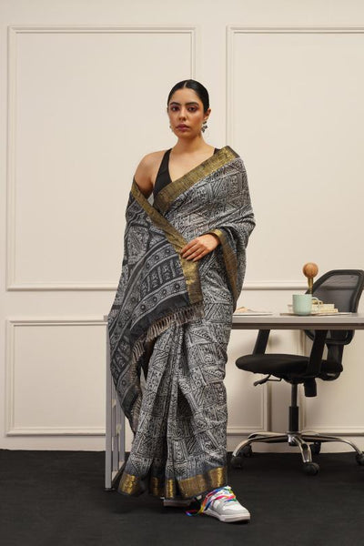 Indyancart TI Women's Ready To Wear Grey Polycotton Handloom Saree with Unstitched Blouse