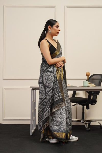 Indyancart TI Women's Ready To Wear Grey Polycotton Handloom Saree with Unstitched Blouse