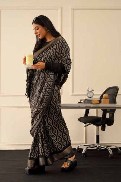 Indyancart TI Women's Ready To Wear Black Ajarakh Block Printed Saree with Unstitched Blouse