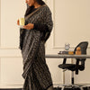 Dhiyona TI Women's Ready To Wear Black Ajarakh Block Printed Saree with Unstitched Blouse
