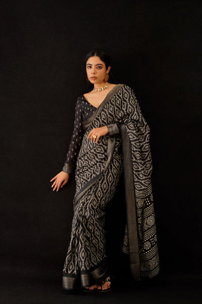 Indyancart TI Women's Ready To Wear Black Ajarakh Block Printed Saree with Unstitched Blouse