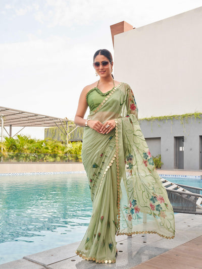 Indyancart TI Women's Green Colored Hand Printed Chiffon Saree with Unstitched Blouse