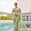 Dhiyona TI Women's Green Colored Hand Printed Chiffon Saree with Unstitched Blouse