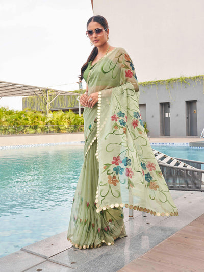 Indyancart TI Women's Green Colored Hand Printed Chiffon Saree with Unstitched Blouse