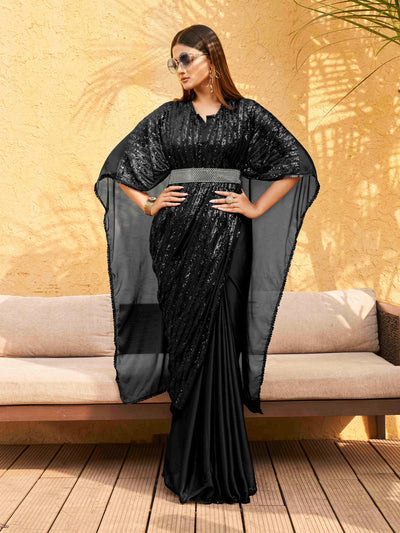 Indyancart TI Women's Black Designer Sequinned Kaftan Pre Drapped Saree & Belt with Unstitched Blouse