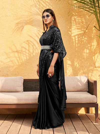 Indyancart TI Women's Black Designer Sequinned Kaftan Pre Drapped Saree & Belt with Unstitched Blouse