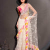 Dhiyona TI Women's Off White Net Saree Faux Mirror Embroidery & Lehariya Frill with Unstitched Blouse