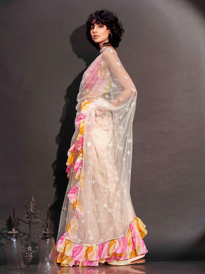 Indyancart TI Women's Off White Net Saree Faux Mirror Embroidery & Lehariya Frill with Unstitched Blouse