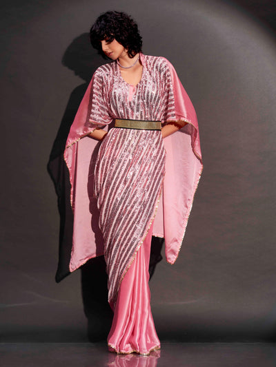 Indyancart TI Women's Pink Designer Sequinned Kaftan Saree & Belt with Unstitched Blouse