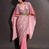 Dhiyona TI Women's Pink Designer Sequinned Kaftan Saree & Belt with Unstitched Blouse