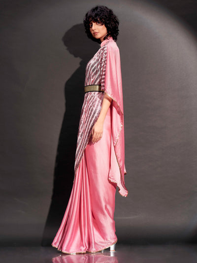 Indyancart TI Women's Pink Designer Sequinned Kaftan Saree & Belt with Unstitched Blouse