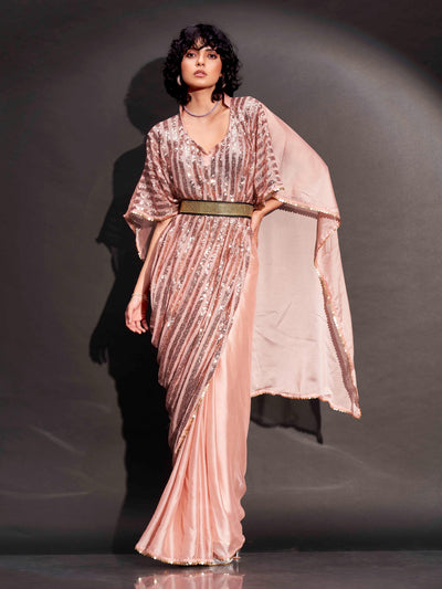Indyancart TI Women's Peach Designer Sequinned Kaftan Saree & Belt with Unstitched Blouse