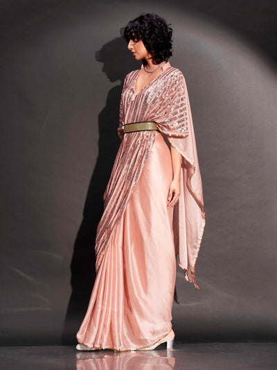 Indyancart TI Women's Peach Designer Sequinned Kaftan Saree & Belt with Unstitched Blouse