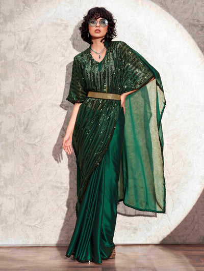 Indyancart TI Women's Green Designer Sequinned Kaftan Saree & Belt with Unstitched Blouse