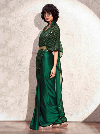 Indyancart TI Women's Green Designer Sequinned Kaftan Saree & Belt with Unstitched Blouse