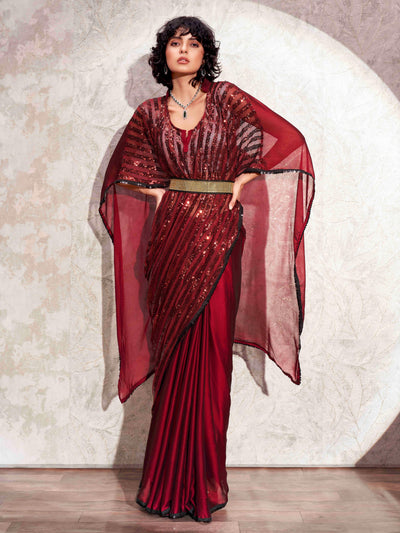 Indyancart TI Women's Maroon Designer Sequinned Kaftan Saree & Belt with Unstitched Blouse