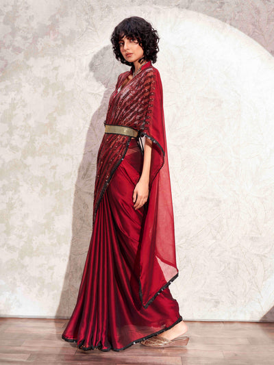Indyancart TI Women's Maroon Designer Sequinned Kaftan Saree & Belt with Unstitched Blouse