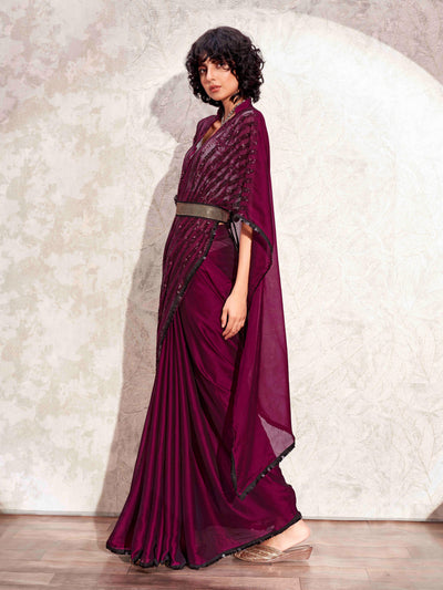 Indyancart TI Women's Wine Designer Sequinned Kaftan Saree & Belt with Unstitched Blouse