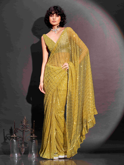 Indyancart TI Women's Yellow Lycra Foil Saree Embellished & Tassels with Unstitched Blouse