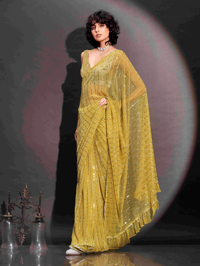 Indyancart TI Women's Yellow Lycra Foil Saree Embellished & Tassels with Unstitched Blouse