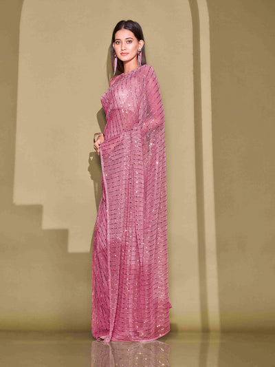 Indyancart TI Women's Pink Lycra Foil Saree Embellished with Unstitched Blouse