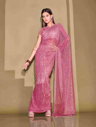 Indyancart TI Women's Pink Lycra Foil Saree Embellished with Unstitched Blouse