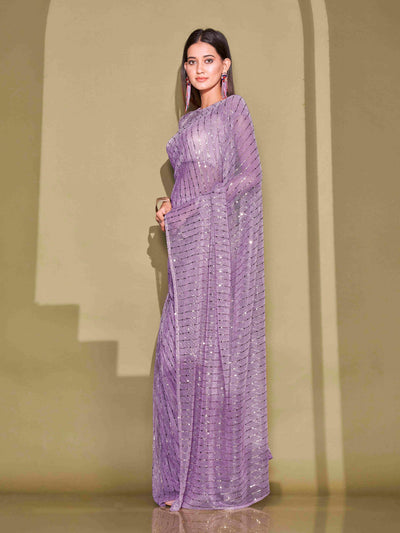 Indyancart TI Women's Lavender Lycra Foil Saree Embellished with Unstitched Blouse