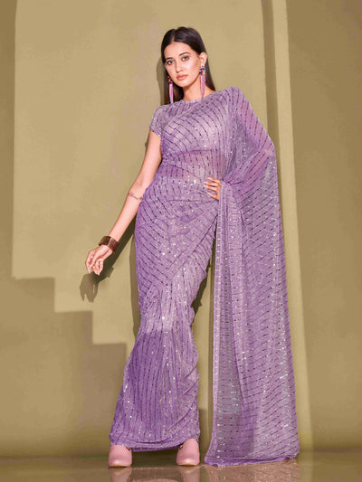 Indyancart TI Women's Lavender Lycra Foil Saree Embellished with Unstitched Blouse