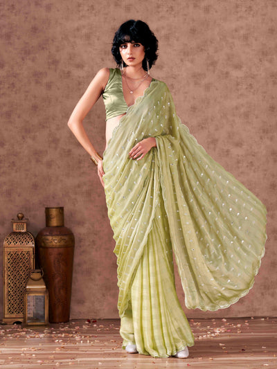 Indyancart TI Women's Pista Chiffon Mirror Embroidery on Pallu & Scalloped Border Saree with Unstitched Blouse