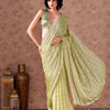 Dhiyona TI Women's Pista Chiffon Mirror Embroidery on Pallu & Scalloped Border Saree with Unstitched Blouse