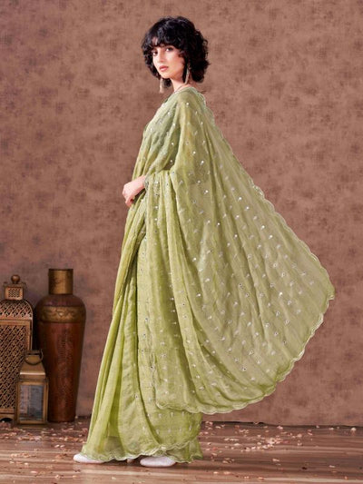 Indyancart TI Women's Pista Chiffon Mirror Embroidery on Pallu & Scalloped Border Saree with Unstitched Blouse
