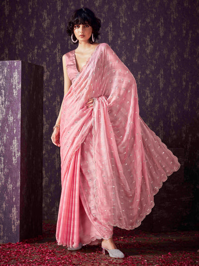 Indyancart TI Women's Peach Chiffon Mirror Embroidery on Pallu & Scalloped Border Saree with Unstitched Blouse