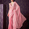 Dhiyona TI Women's Peach Chiffon Mirror Embroidery on Pallu & Scalloped Border Saree with Unstitched Blouse