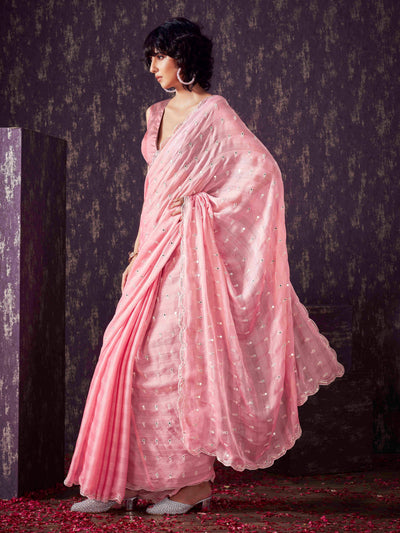 Indyancart TI Women's Peach Chiffon Mirror Embroidery on Pallu & Scalloped Border Saree with Unstitched Blouse