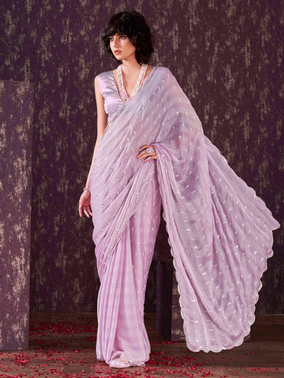 Indyancart TI Women's Lavender Mirror Embroidery on Pallu & Scalloped Border Saree with Unstitched Blouse