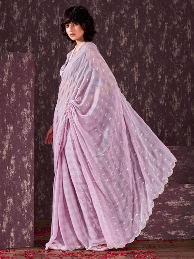 Indyancart TI Women's Lavender Mirror Embroidery on Pallu & Scalloped Border Saree with Unstitched Blouse