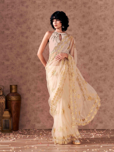 Indyancart TI Women's Cream Net Embroidered Thread Work Saree with Unstitched Blouse