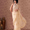 Dhiyona TI Women's Cream Net Embroidered Thread Work Saree with Unstitched Blouse